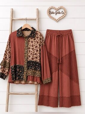 Boho GirLie POL SET: “The Larue” rustic red Wide-Leg Pants and floral top.